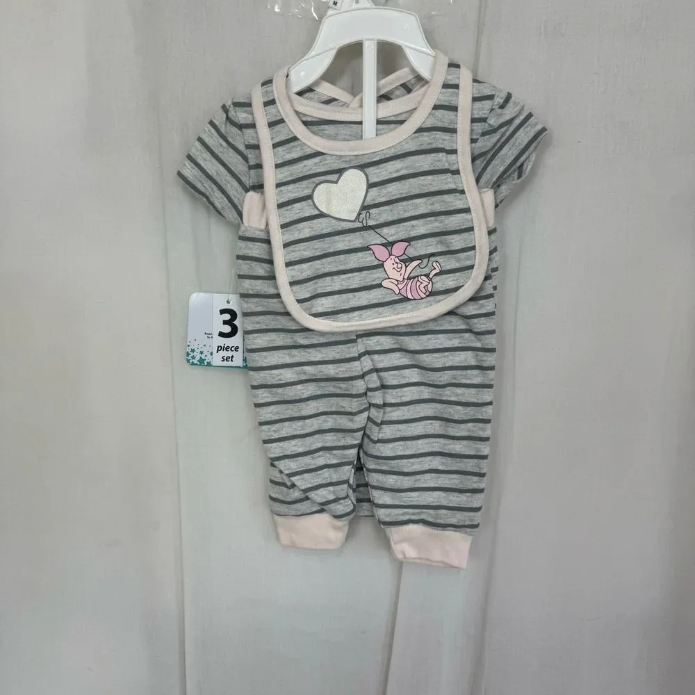 Disney Winnie the Pooh Girls’ Bodysuit, Jogger and Bib Set for Newborn – Grey